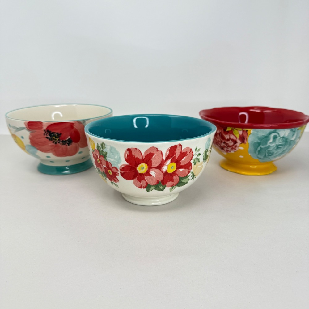 Pioneer Woman Floral Footed Stoneware Bowls Set of 3 Multicolor